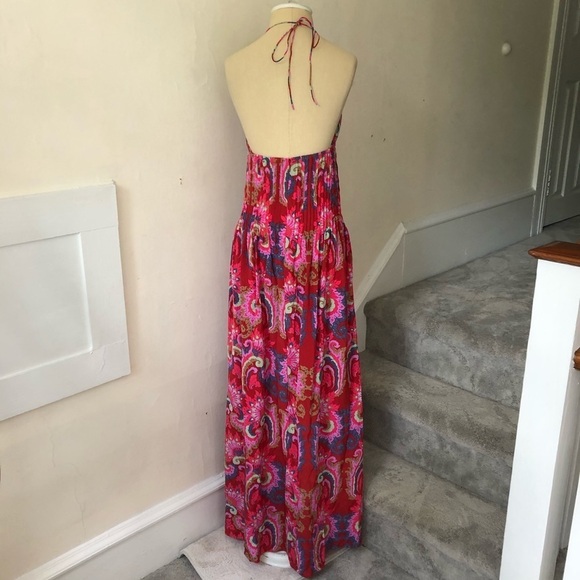 TIBI Multicolor 100% Silk Paisley Print Pleated Halter Maxi Dress EUC Size XS - Picture 3 of 10